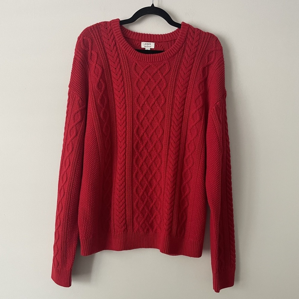 J Crew Womens Cable Knit Fisherman Sweater Red XL Cotton Chunky Coastal Grandpa